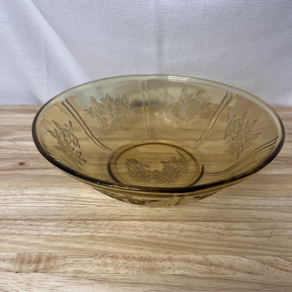 Vintage Amber Glass Bowl Etched Floral Cabbage Rose Cottagecore Grandmacore